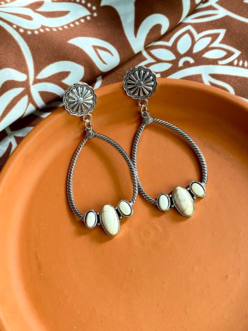 Western Boho Antiqued Silver and Faux White Stone Drop Earrings